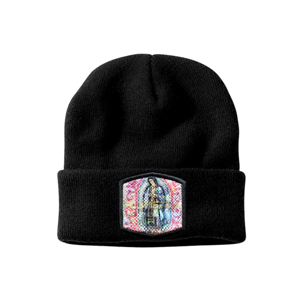 RM Winter Knit Beanie, Virgen de Guadalupe Embroidered Patch, Shiny Metallic Cap